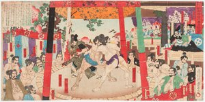 Combattimento di sumo davanti a Toyotomi Hideyoshi (1537-1598) e Kato Kiyomasa (1562-1611) da Toyonobu Utagawa