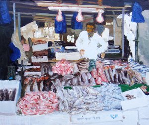 Bancarella di pesce (Ridley Road, Londra), 2009 (olio su tela) da Trevor Burgess