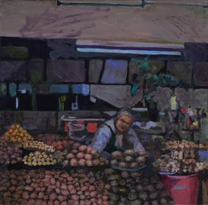 Bancarella di patate (Quito, Ecuador), 2015 (olio su tavola) da Trevor Burgess