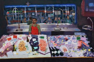 Banco di frutti di mare (Parigi), 2016 (olio su tavola)