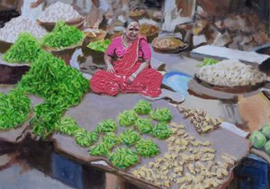 Vendita di peperoncini e zenzero (Thane, Mumbai), 2016 (olio su tela) da Trevor Burgess
