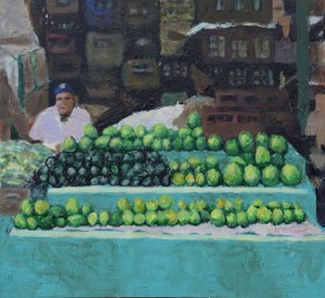 Vendita di mango e avocado (Bogotá, Colombia), 2016 (olio su tavola) da Trevor Burgess