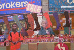 Bancarella di scarpe (Deptford, Londra), 2013 (olio su tavola) da Trevor Burgess
