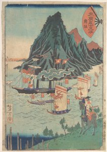 Le cinquantatre stazioni di Suehiro: un guerriero osserva una nave a vapore che passa da Tsukioka Yoshitoshi