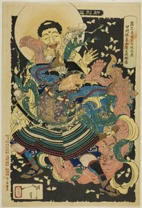 Il servitore di Gamo Sadahide, Toki Motosada, che scaglia a terra un re demone sul monte Inahana, dalla serie "Nuove forme dei trentasei fantasmi (Shinkei sanjuroku kaisen)".
