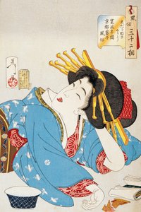 Momento di relax, volto di una geisha del periodo Kansei di Kyoto, illustrazione di Tsukioka Yoshitoshi (1839-1892) da Trentadue aspetti di costumi e usanze, xilografia Oban-tate-e, 37,5 x 26 cm, civiltà giapponese da Tsukioka Yoshitoshi