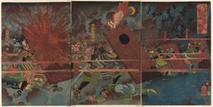 La battaglia di Jinju durante la conquista della Corea da parte di Masakiyo (Masakiyo Sankan taiji, Shinshujo kassen no zu) da Tsukioka Yoshitoshi