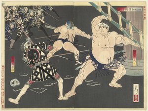 Rissa tra pompieri e lottatori di sumo al tempio di Shinmei (Nuovi broccati dall