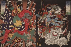 Guerriero sul teschio e Kintoki che sconfigge un demone, dalla serie Valore in Cina e Giappone da Tsukioka Yoshitoshi