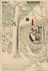 Stampa a Blocchi di Legno - Gentoku che Visita Komei nel suo Rifugio, in una Tempesta di Neve, fine XIX secolo da Tsukioka Yoshitoshi