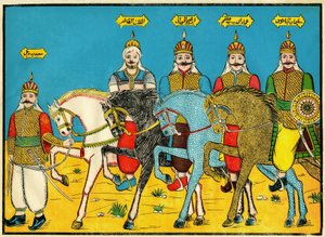I Mamelucchi, eroi leggendari nella storia di Dhaher Bibars, nel XIII secolo. Immagine popolare, Tunisia