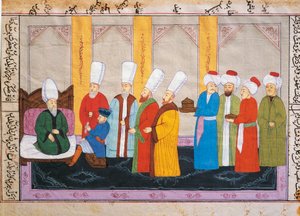 Miniatura ottomana che raffigura un ambasciatore europeo alla Corte del Palazzo Topkapi, manoscritto, Turchia da Turkish School