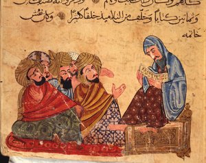 Socrate discute di filosofia con i suoi seguaci, Turchia, manoscritto arabo da Turkish School