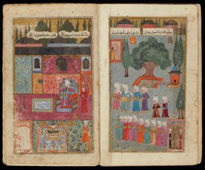 Mehmed III sul trono dal manoscritto Campagna di Mehmed III in Ungheria da Turkish master