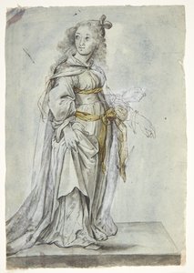 Figura femminile allegorica. Tutto il lato destro del contorno del corpo è corretto. Il braccio sinistro della donna è soggetto a pentimento da Ubekendt