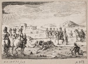 Cavalieri europei in un paesaggio aperto. Sullo sfondo un caravanserraglio da Ubekendt