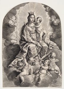 Vergine Maria tra le nuvole, con il Bambino Gesù, scettro e corona