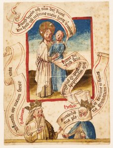 Cristo che abbraccia una donna (personificazione dei credenti?) In basso "Salomone" e "Ester" da Ubekendt
