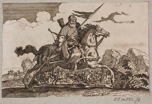 Cavaliere ottomano con lancia e arco. Sullo sfondo una battaglia di cavalieri da Ubekendt