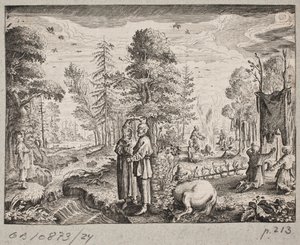 Scena di bosco con uomini sulla riva di un ruscello da Ubekendt