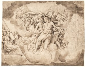 Dio Padre e le schiere celesti lamentano sul corpo di Cristo