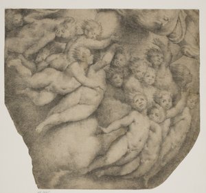 Dio Padre portato dagli angeli tra le nuvole, dopo la cupola di Cortemaggiore da Ubekendt Ubekendt