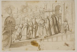 Re Enrico III, Doge Alvise Mocenigo e Cardinale San Sisto ricevuti dal patriarca veneziano Giovanni Trevisan al Lido di Venezia da Ubekendt Ubekendt