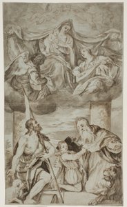 La Vergine e il Bambino tra angeli nelle nuvole con i Santi Giovanni Battista e Girolamo, dopo il dipinto di Paolo Veronese precedentemente in S. Francesco della Vigna, Venezia da Ubekendt Ubekendt