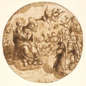Tondo con la Madonna e il Bambino seduti su una nuvola circondati da angeli musicisti da Ubekendt Ubekendt