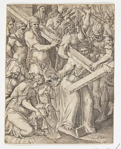 Cristo che porta la croce e il miracolo del velo di Veronica da Ubekendt efter Dirck Volckertsz. Coornhert efter Maarten van Heemskerck