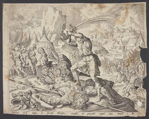 Abner presenta a Davide la testa di Golia per Saul da Ubekendt efter Maarten van Heemskerck