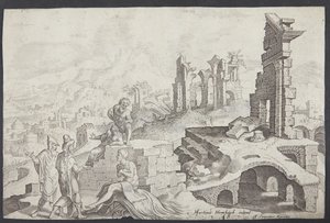 Giobbe sul letamaio con sua moglie e tre amici da Ubekendt efter Maarten van Heemskerck