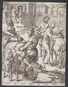 I servi di Abigail caricano gli asini con cibo per David da Ubekendt efter Maarten van Heemskerck