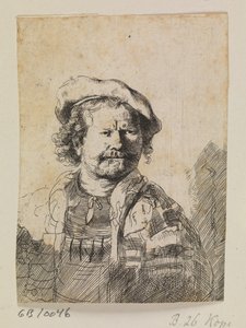 Rembrandt con un berretto piatto e un vestito ricamato da Ubekendt efter Rembrandt