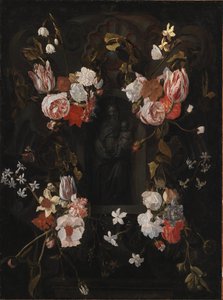 Cartiglio di pietra con la Vergine Maria e il Bambino Gesù in una nicchia circondata da una ghirlanda di fiori da Ubekendt flamsk 1600 tallet