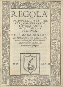 Regola per imparare a scrivere vari caratteri di lettere con i suoi compassi e misure: e il modo di temperare le penne... da Ugo da Carpi, Ludovico Arrighi