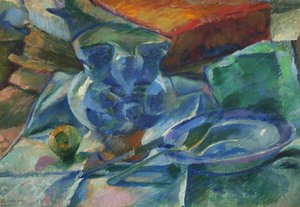 Natura morta di terraglie, posate e frutti, 1915