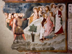 La fuga dagli apostoli (dettaglio). Affresco della scuola umbra del XV secolo. Chiesa Superiore. Monastero di San Benedetto (Sacro Speco), Subiaco (Roma), Italia da Umbrian School