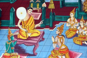 Vientiane, Laos: tempio buddista Wat Inpeng, dipinto che raffigura la vita di Shakyamuni Buddha da Unbekannt