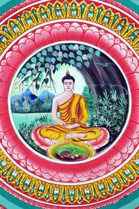 Vientiane, Laos: tempio buddista Wat Inpeng, dipinto che raffigura la vita di Shakyamuni Buddha. Buddha seduto in posizione di meditazione da Unbekannt