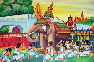 Vientiane, Laos: tempio buddista Wat Si Muang, dipinto che raffigura la vita di Shakyamuni Buddha
