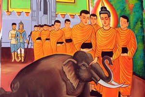 Vientiane, Laos: tempio buddista Wat Si Muang, dipinto che raffigura la vita di Shakyamuni Buddha. Un elefante selvatico domato dalla gentilezza amorevole da Unbekannt
