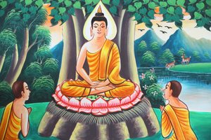 Kasi, Laos: dipinto che raffigura la vita di Shakyamuni Buddha