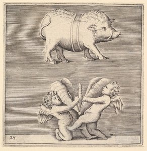 Un maiale con cintura e due cupidi o geni con una farfalla o falena, pubblicato ca. 1599-1622 da Unbekannt