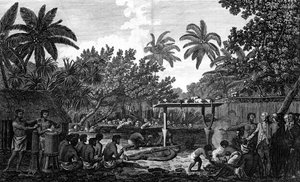 Un sacrificio umano in un Morai, a Otaheite, alla presenza del Capitano Cook, c1773 da Unbekannt