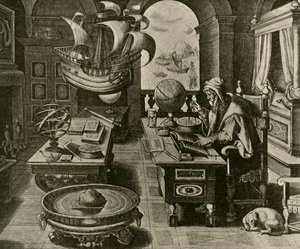 Un esperto di navigazione al lavoro nel suo studio con globo e bussola, c1591, 1928 da Unbekannt