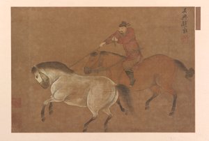 Un cavaliere che cattura un cavallo con il lazo da Unbekannt