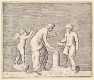 Una Donna e un Uomo che Sacrificano alla Presenza di Cupido, pubblicato ca. 1599-1622 da Unbekannt