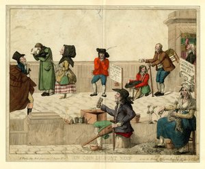 Un angolo di Pont Neuf, Parigi, con mendicanti zoppi e venditori ambulanti, ca 1813 da Unbekannt