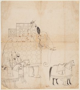 Un disegno di elefante bardato e cavalli, c. 1760 da Unbekannt